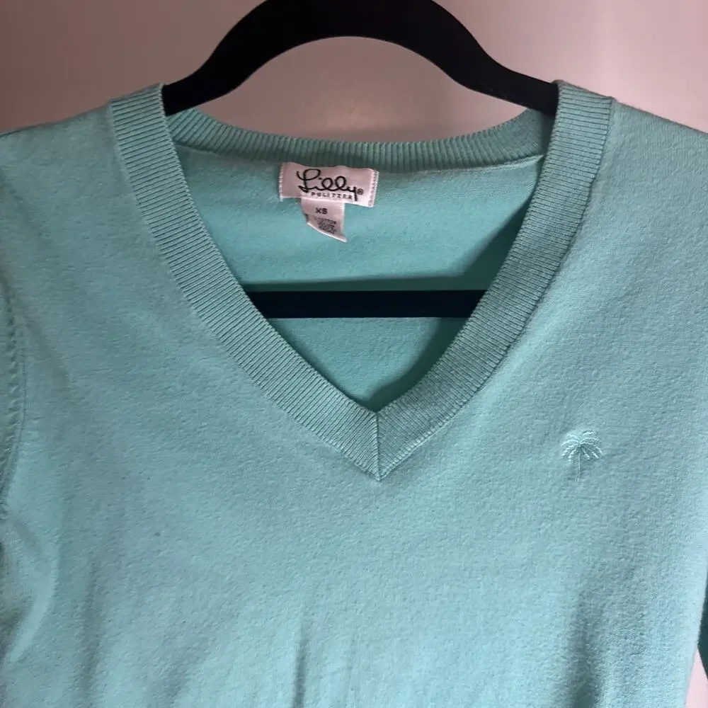 Vintage Lilly Pulitzer Solid Green V-Neck Pullover Sweater‎ Palm Tree Logo Sz XS